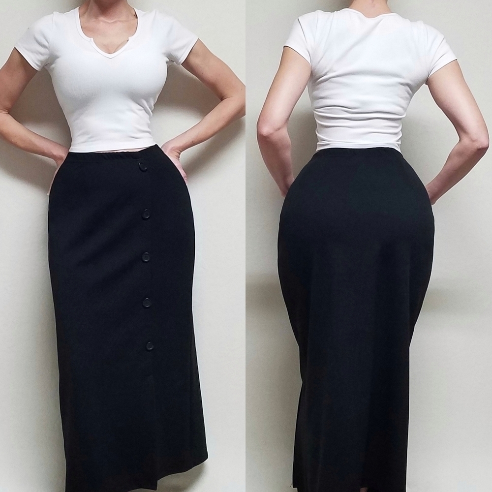 80s Vintage Fiorlini Black Stretchy Side Button Side Slit Goth Maxi Skirt 14/16